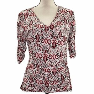 STYLE & Co Red White Damask Print Half-Length Sleeve V-Neck Blouse
